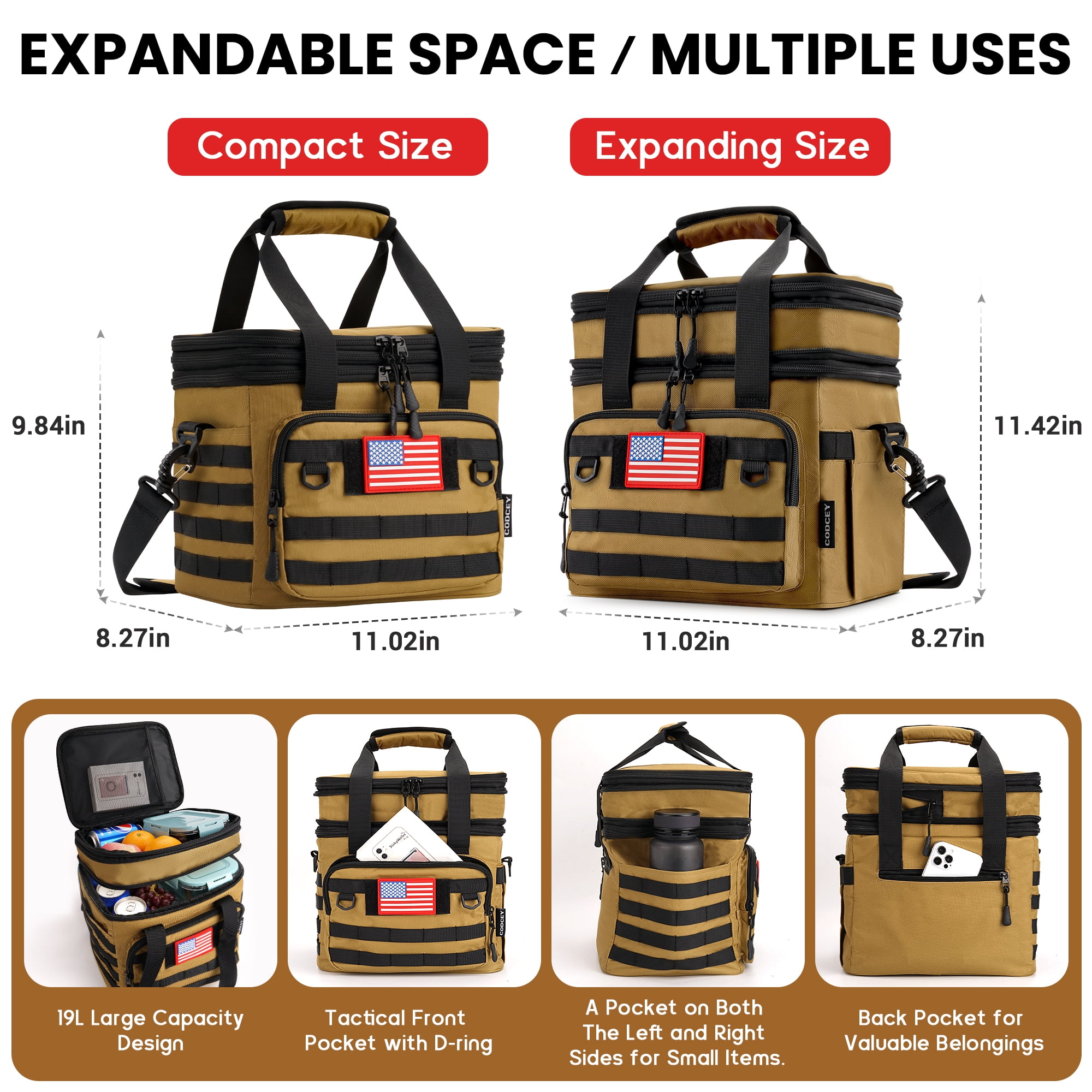 CODCEY Tactical Heavy Duty Insulated Expandable Double Deck Leakproof Large Reusable Lunch Bag Cooler
