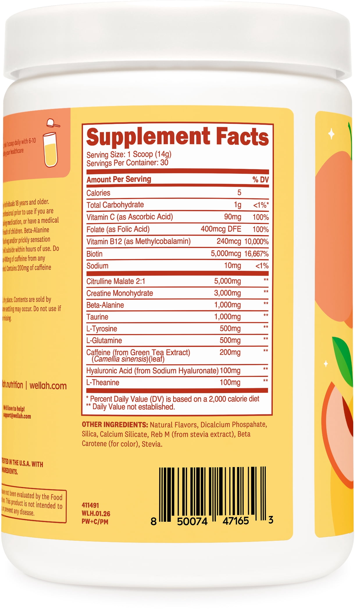 Wellah Pre-Workout + Creatine Powder (30 Servings) Peach Mango - 200mg Caffeine, 3g Creatine Monohydrate, 5g Citrulline Malate, Pre-Workout with Creatine Supplement