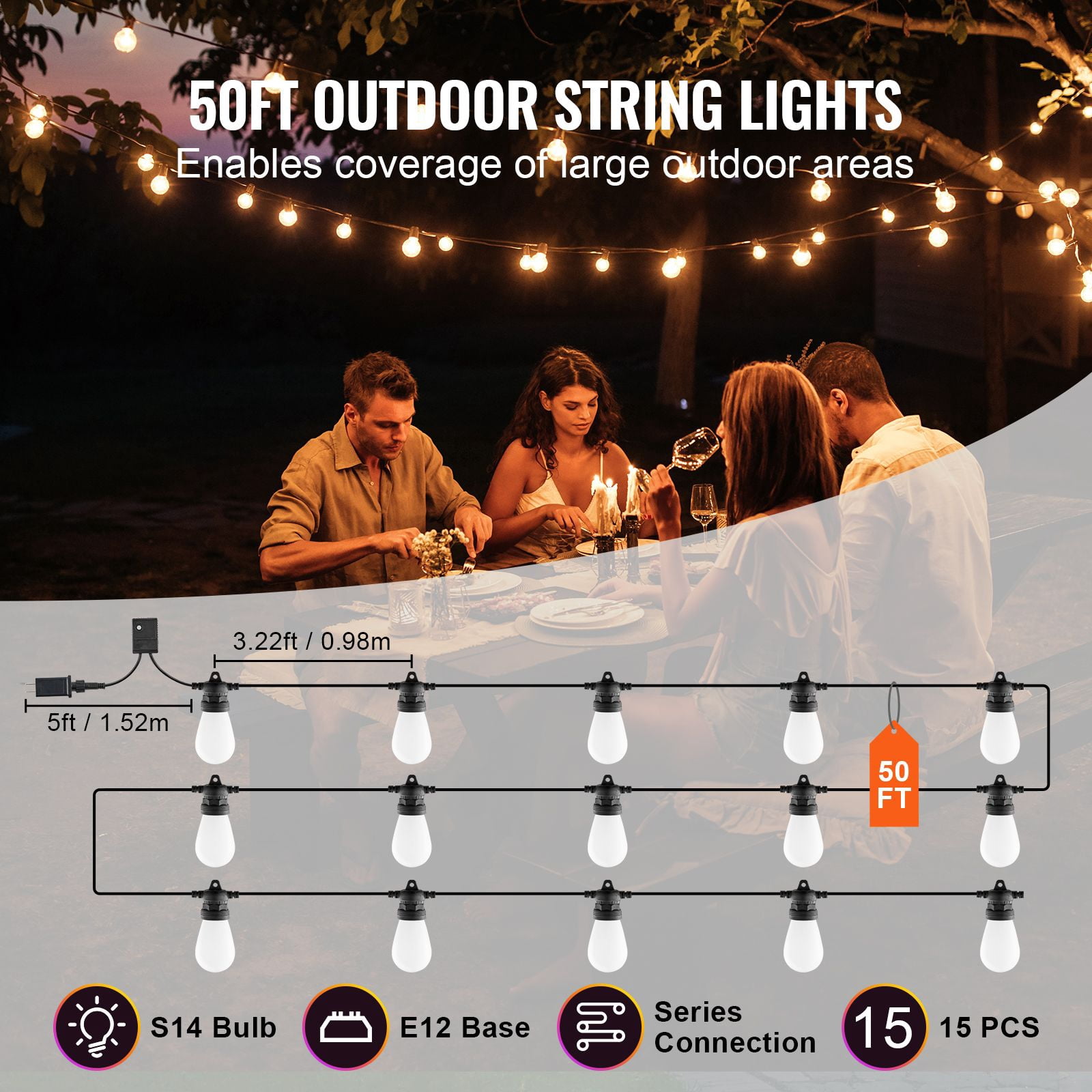 50FT RGB Outdoor String Lights 15 S14 Bulbs with APP Control 15 Colors 4 Modes IP45 Waterproof for Patio Party Wedding Decor