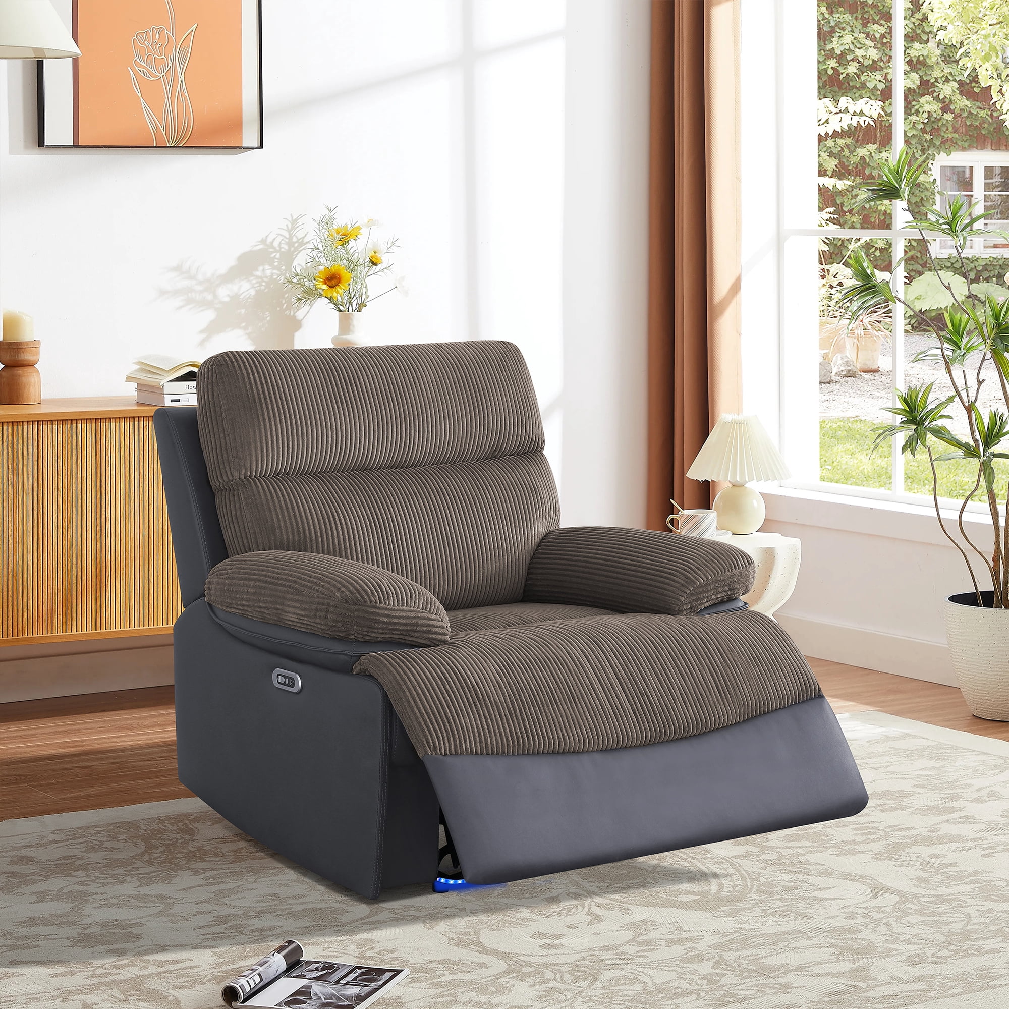 Gewnee Power Recliner Chair, Adjustable Reclining Lounge Chair with USB Ports, LED Lights, Flocking Upholstered Single Sofa Recliner for Living Room, Office, Brown&Blackish Gray