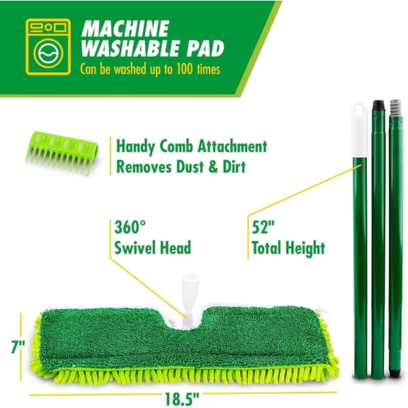 18" 2-Sided Microfiber Dust Mop with 360 Degree Swivel , Long Handle, Dust and Mop Set