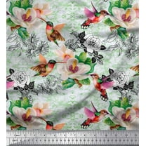 Soimoi Green Cotton Duck Fabric Leaves,Hummingbird & White Floral Print Fabric by The Yard 42 Inch Wide