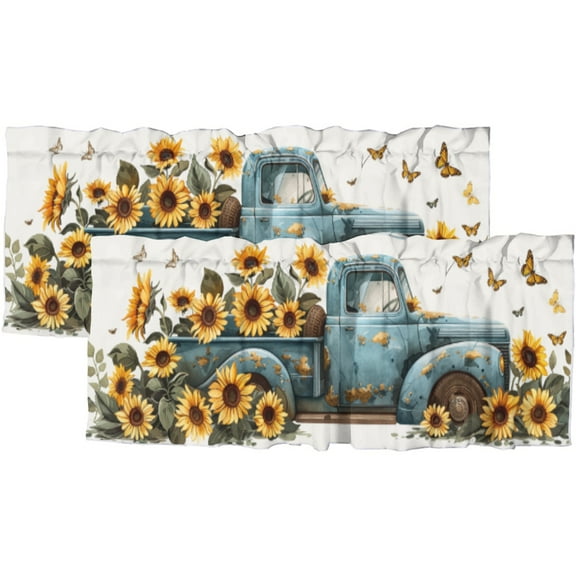 Sunflower Farm Truck Curtains Valances for Home Decor Yellow Floral Farmhouse Flowers Butterflies Window Treatment Valance Curtains for Bathroom Living Room Kitchen 54 by 18 in, 2 Panel