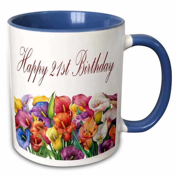 3drose, Colorful Calla Lily Happy 21st Birthday, 11oz Two-tone Blue Mug