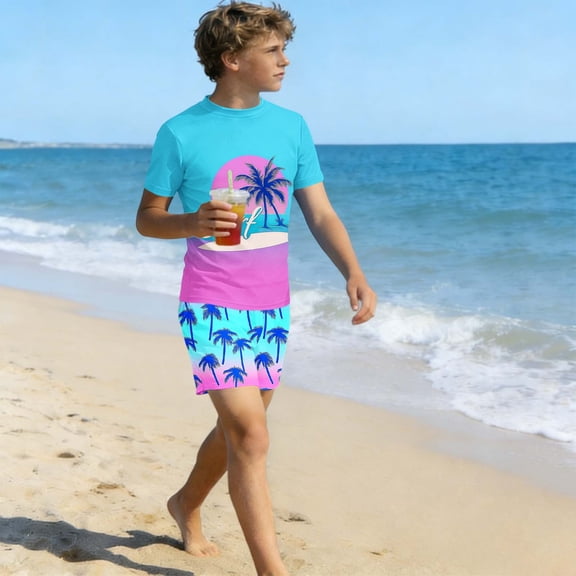 Fnooota Boys Rash Guard Swimsuits 2 Piece, Summer Short Sleeve Graphic Boys'Swimwear Kids Bathing Suits Multicolor Size 10