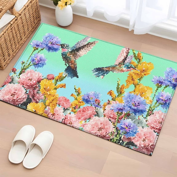 Teal Green Hummingbirds Entryway Rug 2'x3'  Non Slip Front Door Mats, Spring Watercolor Flowers Plant Entrance Rugs Indoor Outdoor Carpet, Washable Floor Mats Small Area Rug for Bedroom Kitchen