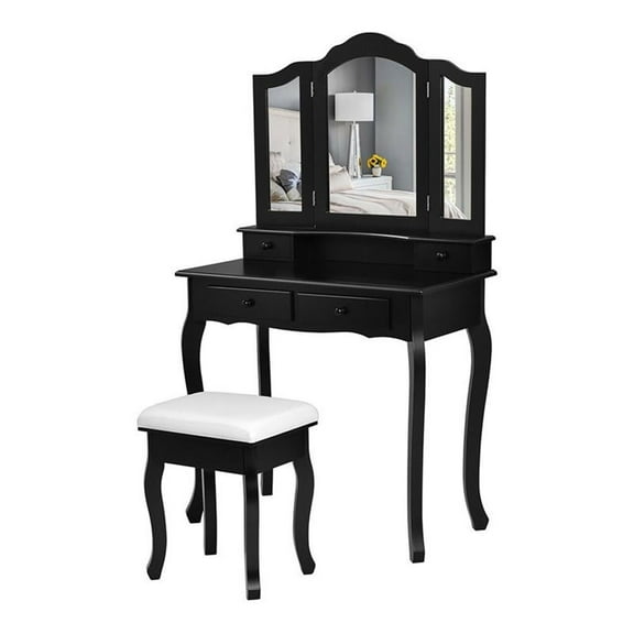 Pemberly Row MDF Makeup Desk Vanity Set with 4 Drawers & Mirror in Black