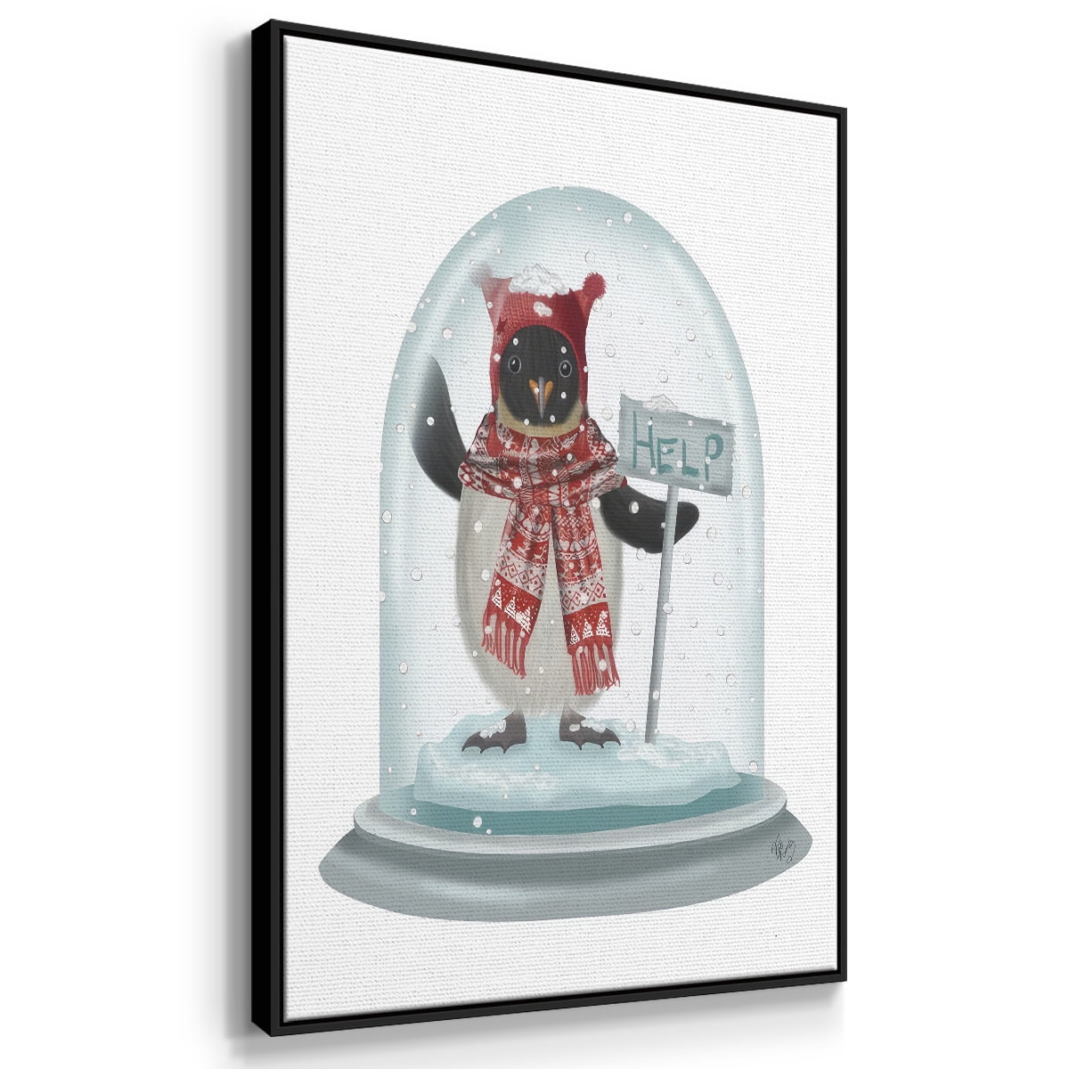 Christmas Penguin Snow Globe - Framed Gallery Wrapped Holiday Canvas - 17 x 25 - Black Frame
