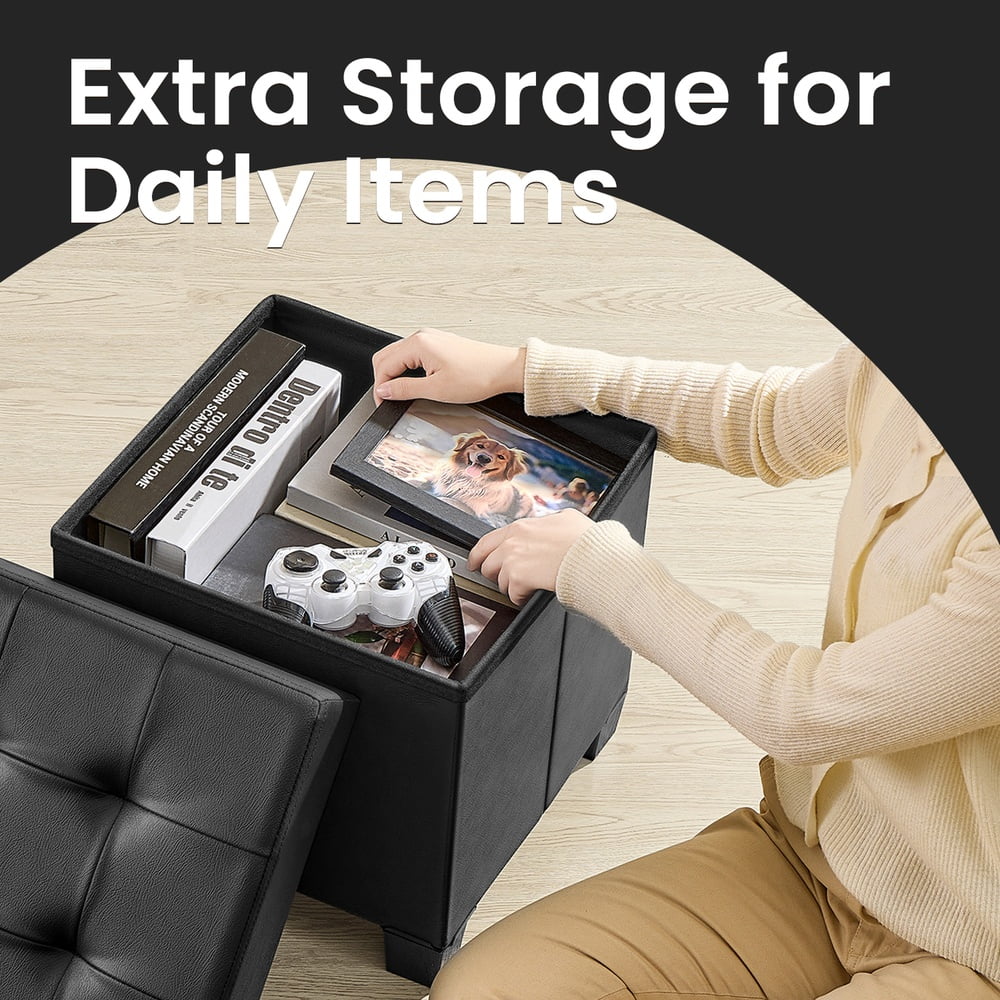 LEDREM 15-Inch Cube Storage Ottoman, 660 lb Capacity Foldable Footrest with 10 Gallon Storage, Synthetic Leather, Ink Black