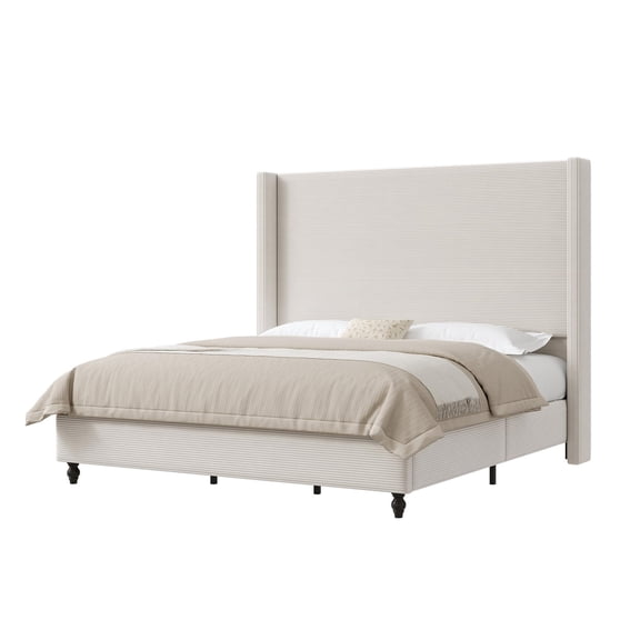 Amerlife California King Size Bed Frame with 65" Tall Headboard, Upholstered Corduroy with Wingback and Solid Wood Gourd Legs, White