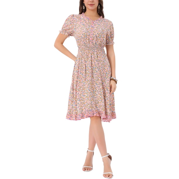 INSPIRAR CHIC Vestido de Flores para Mujeres con Cuello Volante, Cintura Fruncida, Manga Corta, Color Beige