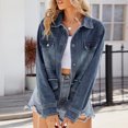 thumbnail image 6 of Women's Pearls Rivet Decor Denim Jacket Casual Loose Short Jean Coat Lapel Button Down Moto Outerwear, 6 of 8