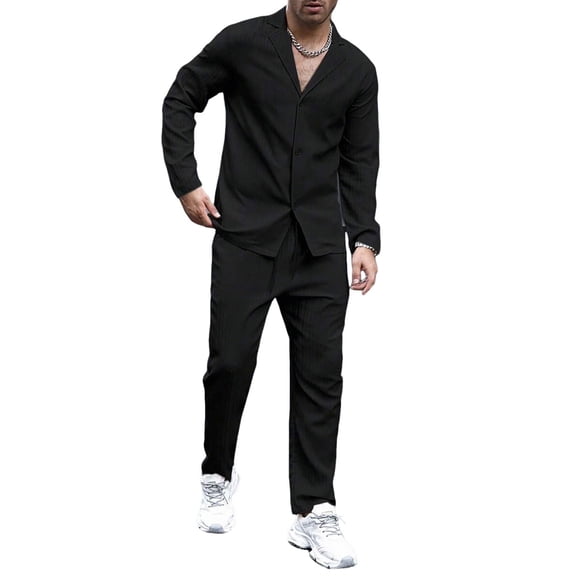Mens 2 Piece Outfits Casual Summer Beach Textured Button Down Long Sleeve Shirt and Loose Pants Set