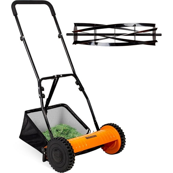 MY.16-Inch 5-Blade Push Reel Lawn Mower, Cordless Manual Reel Lawn Mower Walk-Behind Steel Lawn Mowers with Removable 7.9-Gallon Grass Catcher, Sponge Grip, 4-Position Cutting Height Adjustment