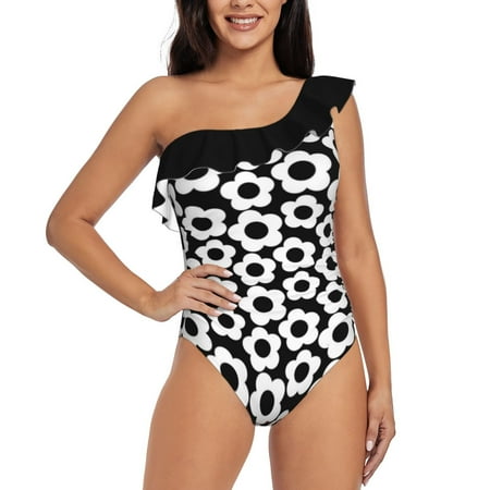 Retro Black And White Simple Flower Pattern One Shoulder Ruffle Swimsuit Women Swimwear Sexy Beach Wear Summer Bathing Suits