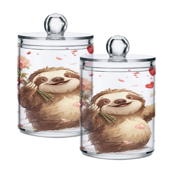 Cute Sloth with Roses Heart Valentine Translucent Plastic Cans Storage Canisters with Lid Set of 2