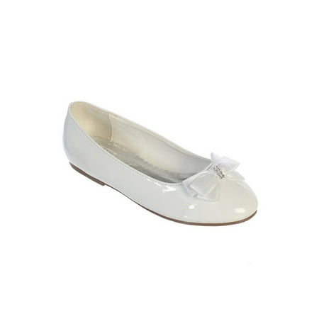 White Leather Rhinestone - Girls White Leather Satin Rhinestone Center Bow Accent Patent Flats
