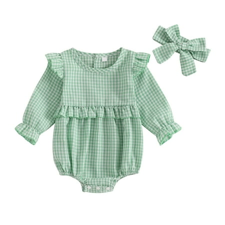 Kovlvoll Infant Girls Clothes Fashion Casual Summer Bow Headband Plaid Baby Long Sleeve Flying Short Rompers