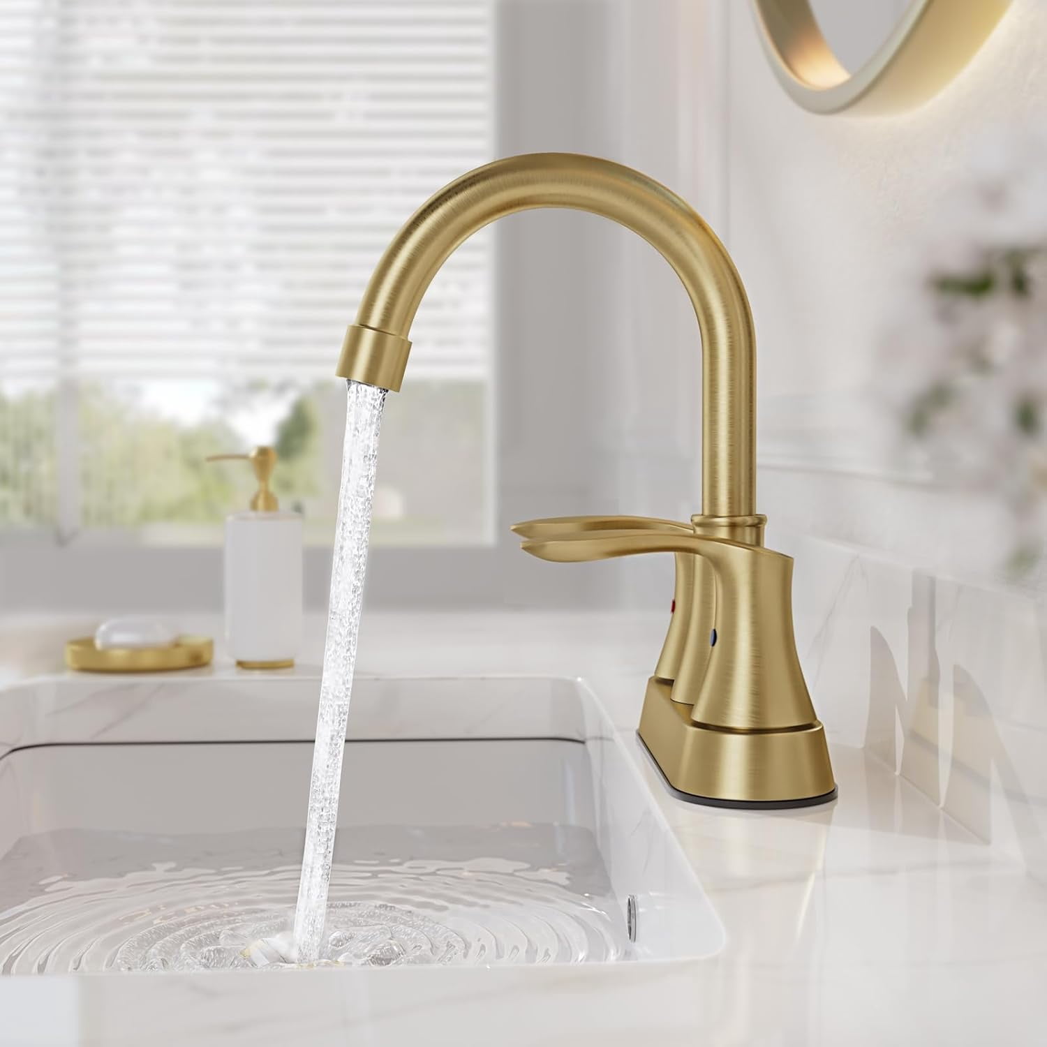 Brushed Gold Bathroom Faucet - 4 inch 3 Hole 2-Handle Centerset Vanity Mixer Taps With Drain, 360°Swivel,High Arc Design