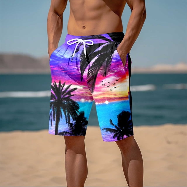 Men's Board Shorts - Beach Pants Casual 3D Printed Seaside Coconut Tree Sunset Designed for Men