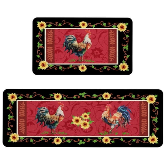 Farmhouse Kitchen Mats Set of 2, Rooster Sunflower Non- Absorbent Rugs, 17x47 and 17x29 Inch Low Profile Washable Floor Mats for Kitchen Laundry Room and Entryway