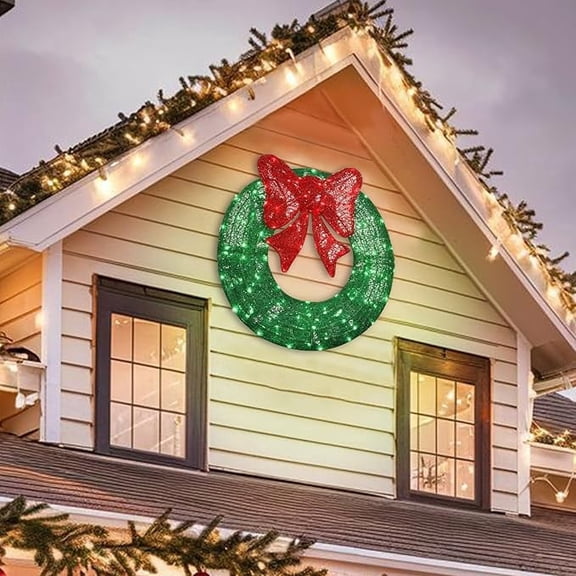 36" Large Pre-Lit Outdoor Christmas Wreath, 172 Energy-Saving LED Lights, Metal Frame with Green & Red Bow for Holiday Home Decoration
