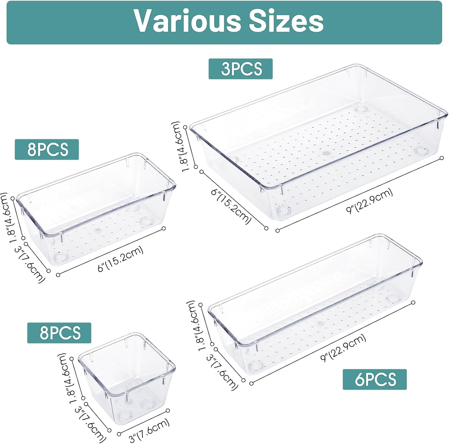 Clear Plastic Drawer Organizer Set,Desk Drawer Divider Organizers and Storage Bins for Makeup, Jewelry, Gadgets for Kitchen, Bedroom, Bathroom, Office