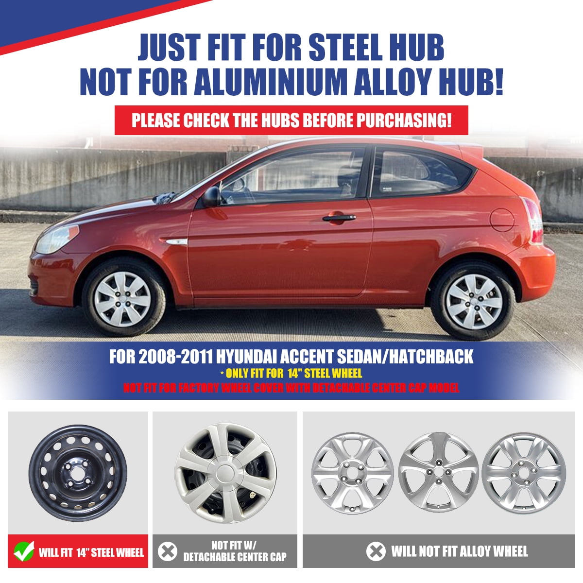 (Set of 4)14" Hubcaps Fit for Hyundai Accent Sedan/Hatchback 2008 2009 2010 2011,Fit Fit for Steel Wheel,Bolt-on Car Truck SUV Hub Cap,Black Matte