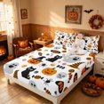 thumbnail image 3 of Homewish Cartoon Boo Pumpkin Queen Sheets, Halloween Spooky Cat Witch Hat Queen Sheet Sets, White Orange, 4pcs (1 Flat Sheet, 1 Fitted Sheet and 2 Pillowcases), 3 of 5