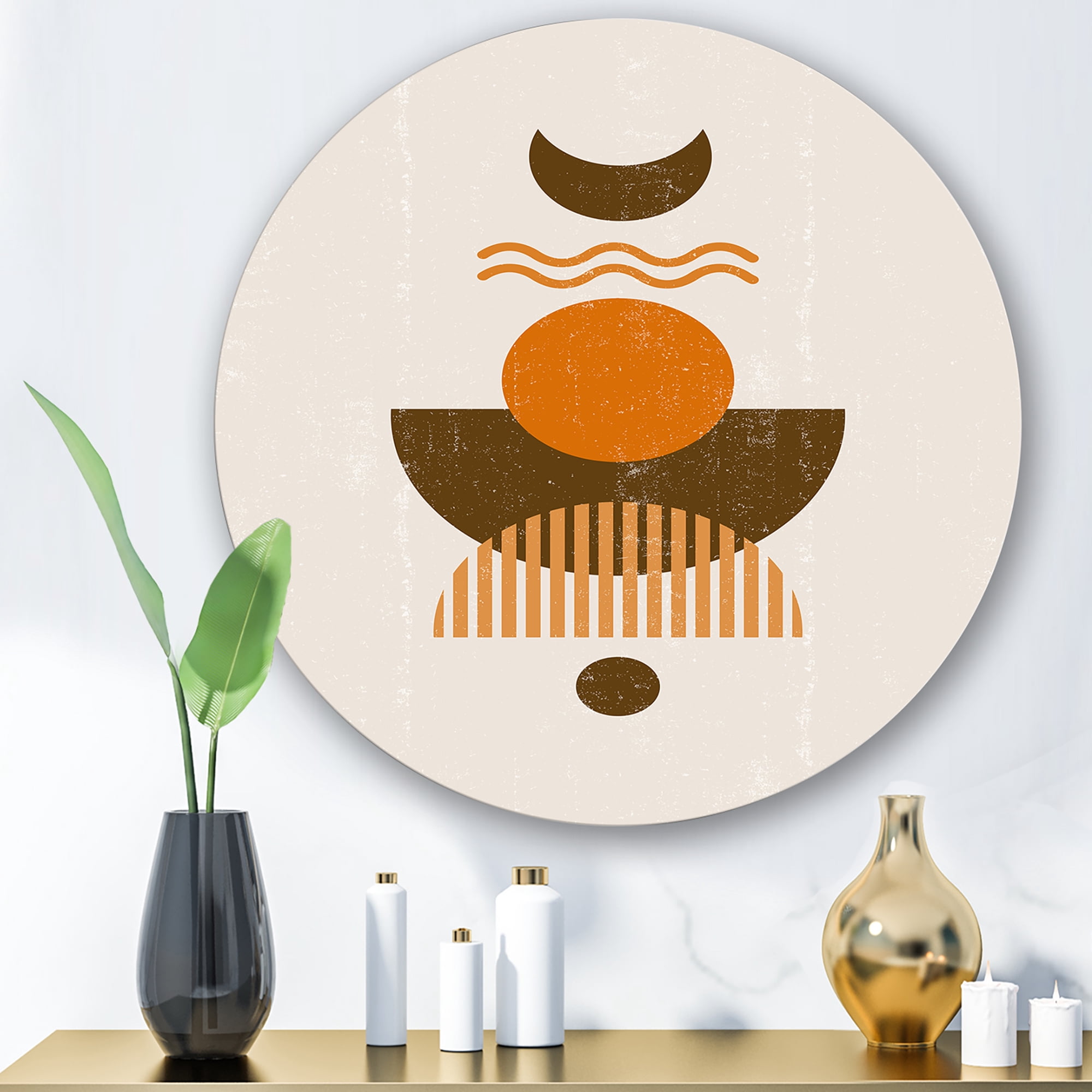 Designart 'Abstract Moon and Sun In Earth Tones' Modern Circle Metal Wall Art 23x23 - Disc of 23