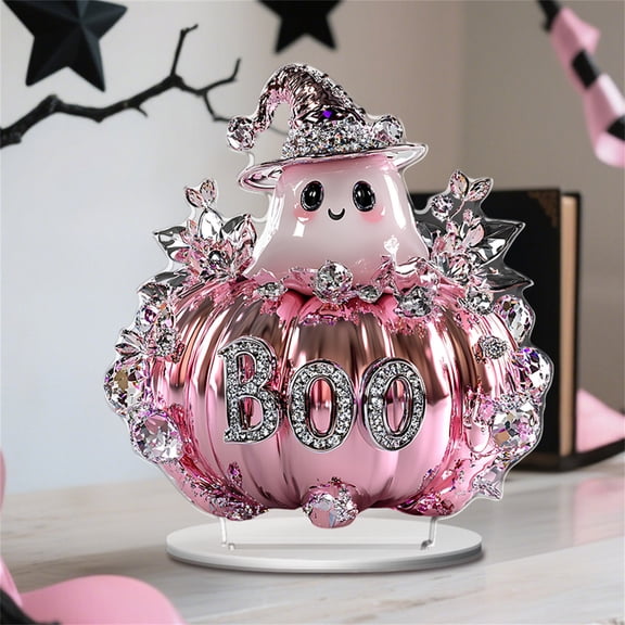 Halloween Ghost Decor Cute Pink Pumpkin 7X8X0.5 Inch Acrylic Tabletop Ornament Spooky Home Party Decoration for Bedroom Desk Shelf 1 Pack