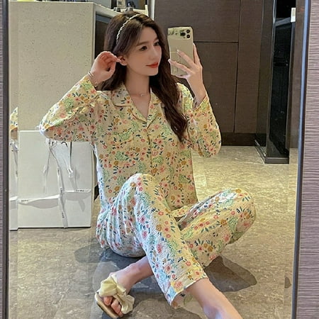 

PIKADINGNIS Autumn Winter New Warm Womens Pajamas Long-sleeved Trousers Two-piece Set Gauze Cotton Crepe Cute Soft Homewear Suit Women