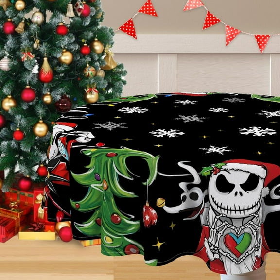 Christmas Jack Round Tablecloth 70 x 70 Inch, Black Xmas Tree Decorative Cloth Dining Table Cover, Winter Holiday Snowflake Dinner Party Picnic Decoration