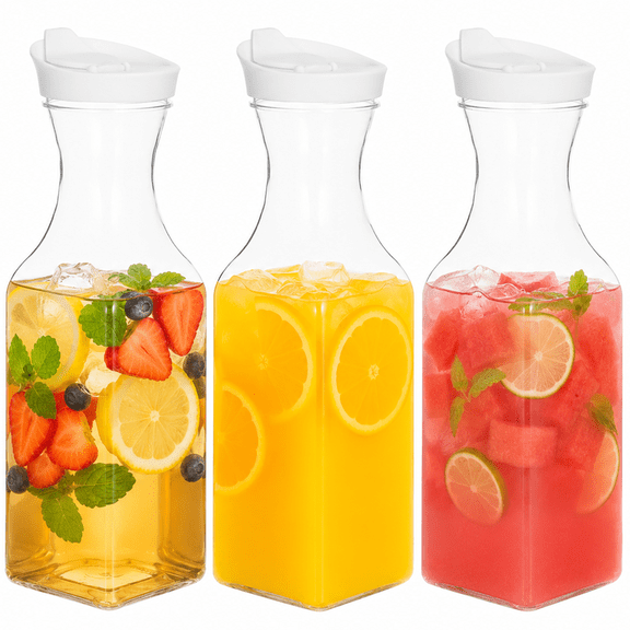 3 Pcs Plastic Water Carafe Pitchers, 50 oz 1.5L Square Juice Bottles with Flip Top Lids for Fridge, Mimosa Bar Supplies Pitchers for Beverage, Milk, Tea, or Laundry Detergent