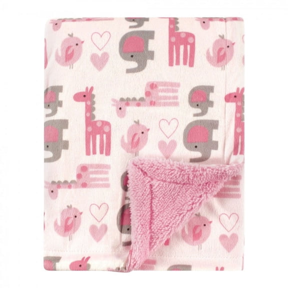 Luvable Friends Baby Girl Plush Blanket with Faux Shearling Back, Girl Safari, One Size