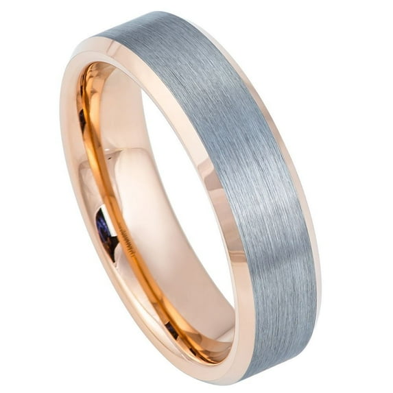 Custom Personalized Engraving Wedding Band Ring Set for Him & Her - 6mm Brushed Gun Metal Finish, High Polished Rose Gold Tone IP Plated Beveled Edge Inside