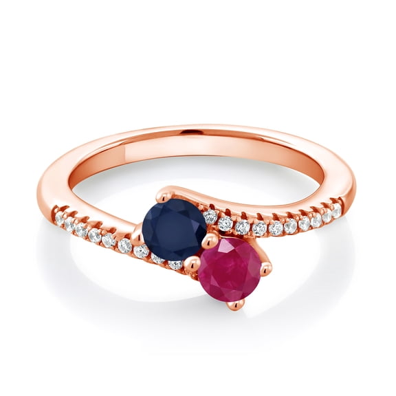 Gem Stone King 18K Rose Gold Plated Silver Blue Sapphire and Red Ruby Bypass Ring for Women (0.94 Cttw, Gemstone September Birthstone, Round 4MM, Size 6)