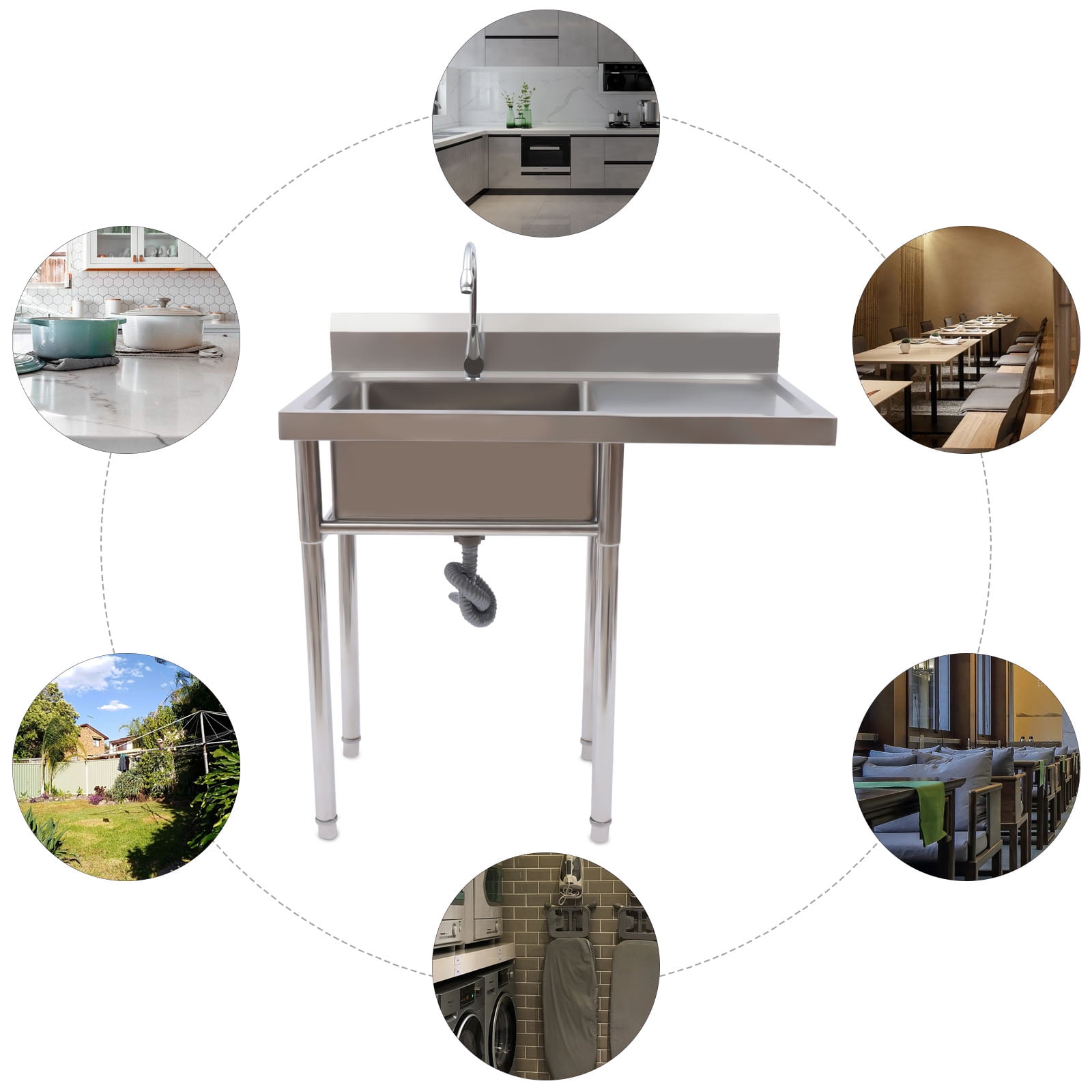 YIYIBYUS 304 Stainless Steel Utility Sink with Drainboard, Free Standing 1 Compartment Workbench Sink Commercial Sink for Restaurant, Laundry Room, Backyard, Garages