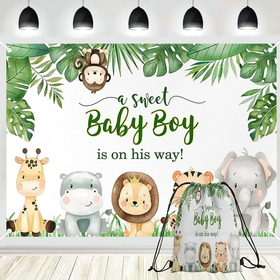 PINUO Jungle Safari Baby Shower Backdrop With Drawstring Bag, A Sweet Baby Boy is on His Way Wild Green Leaves Animals Cake Table Decorations Banner Photography Background 7x5ft