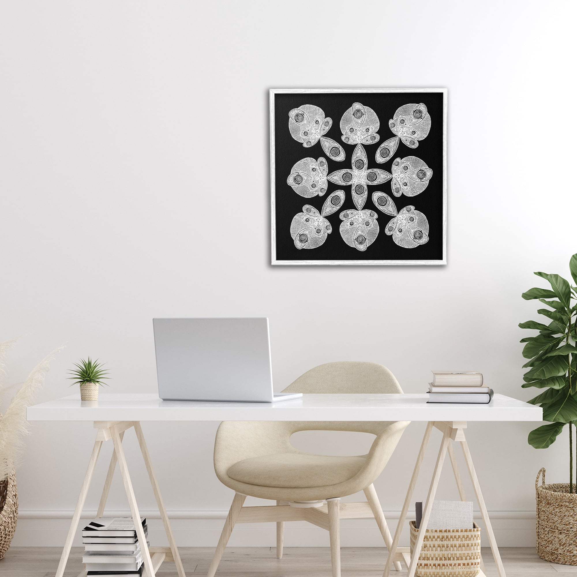 Stupell Industries Fractal Symmetry in Monochrome White Framed Giclee Art, design by El Perkin