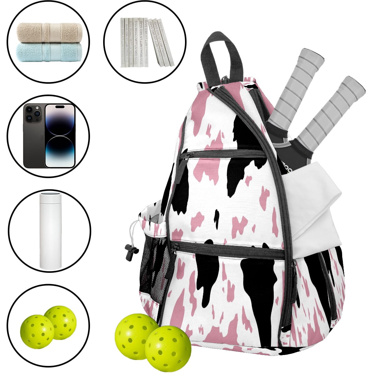 Pickleball Bags for Men Women Pickleball Backpack with Large Capacity Lightweight Adjustable Pickleball Sling Bag Hold Paddles, Balls, Accessories Funny Cow Print Pink Black