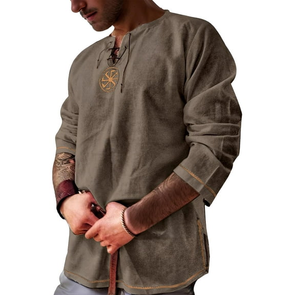 Men's 100% Cotton Viking - Style Tunic: Embroidered Detail, Loose Fit for Casual & Themed Events