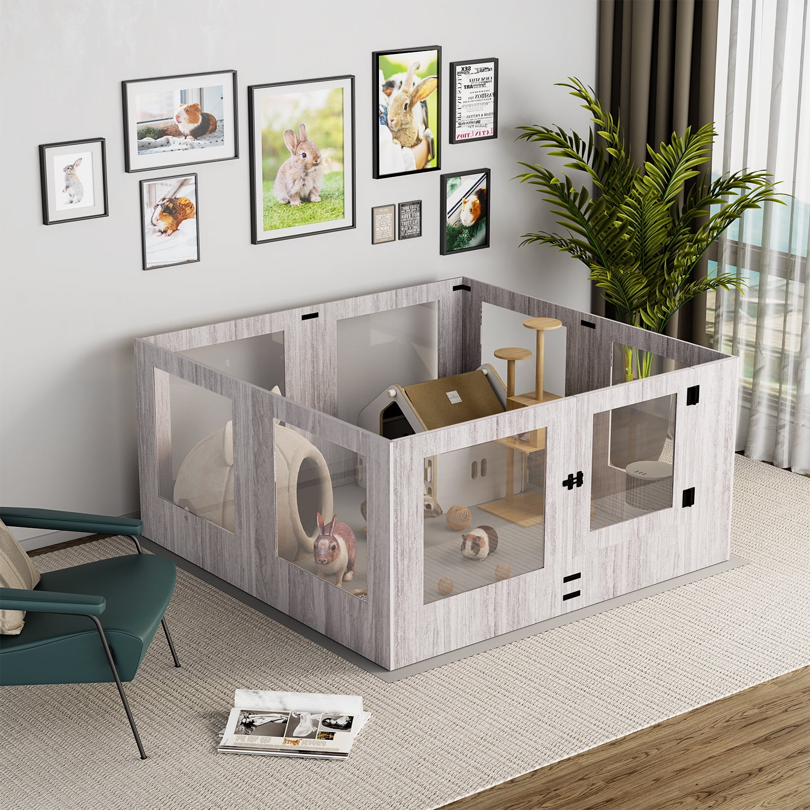 BingoPaw Large Wooden Dog Whelping Box Playpen with Waterproof Fertility Pad, Clear Acrylic Window