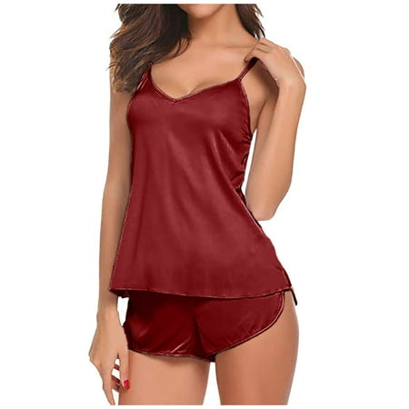 YuYuBao Women Pajamas Sets Silk Satin Solid Color V Neck Cami And Shorts Underwear 2 Piece Sleepwear