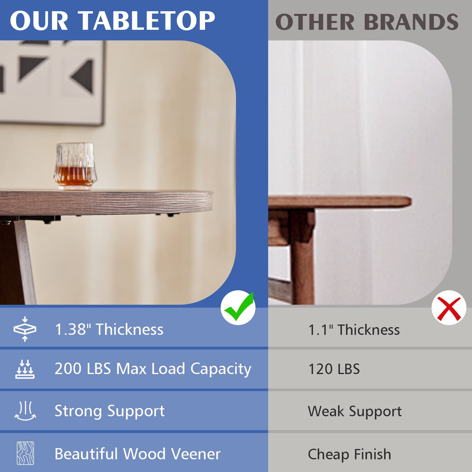 47" Round Dining Table for 4, Fanned Base, 1.38" Thick Top, Farmhouse Wood Kitchen Table for Dining Living Room Home, Walnut Color