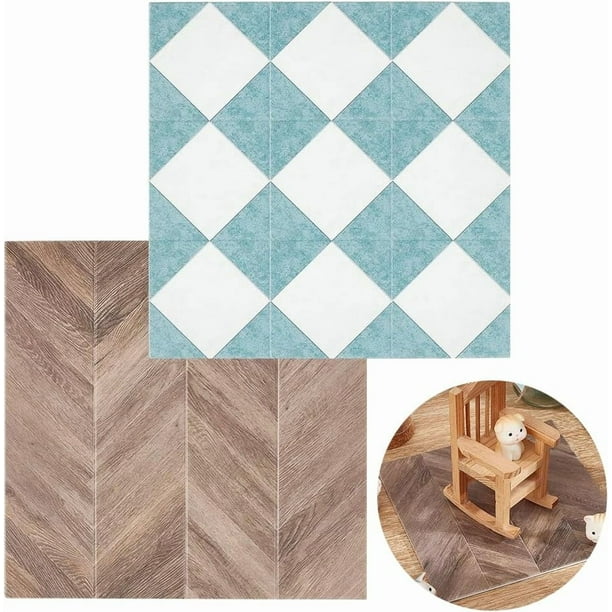 Azulejo de piso para casa de muñecas, mosaico cuadrado de 5,8 pulgadas, para baño en miniatura, estilo minimalista moderno, imitación de plástico, veta de madera, color azul cadete.