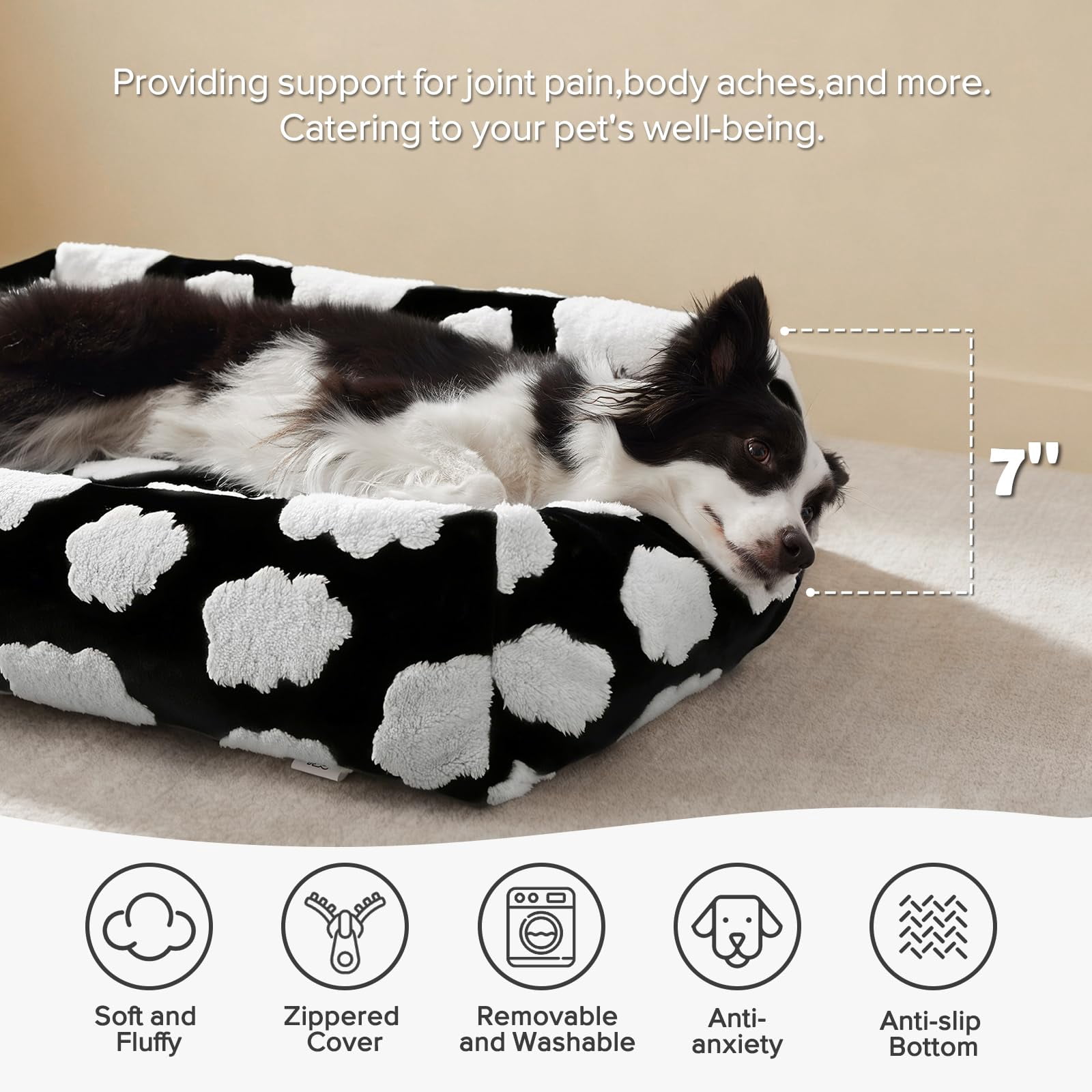 Small Dog Bed Rectangle Washable Orthopedic with Removable Zipper Cover Cozy Clouds Black-S Plus 25"x21"x7"
