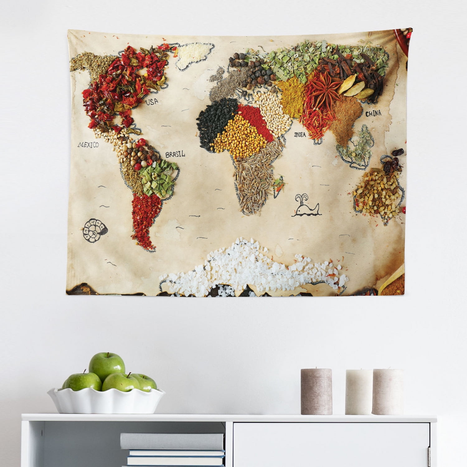 World Map Tapestry, Atlas Theme Names of The Countries Europe America 