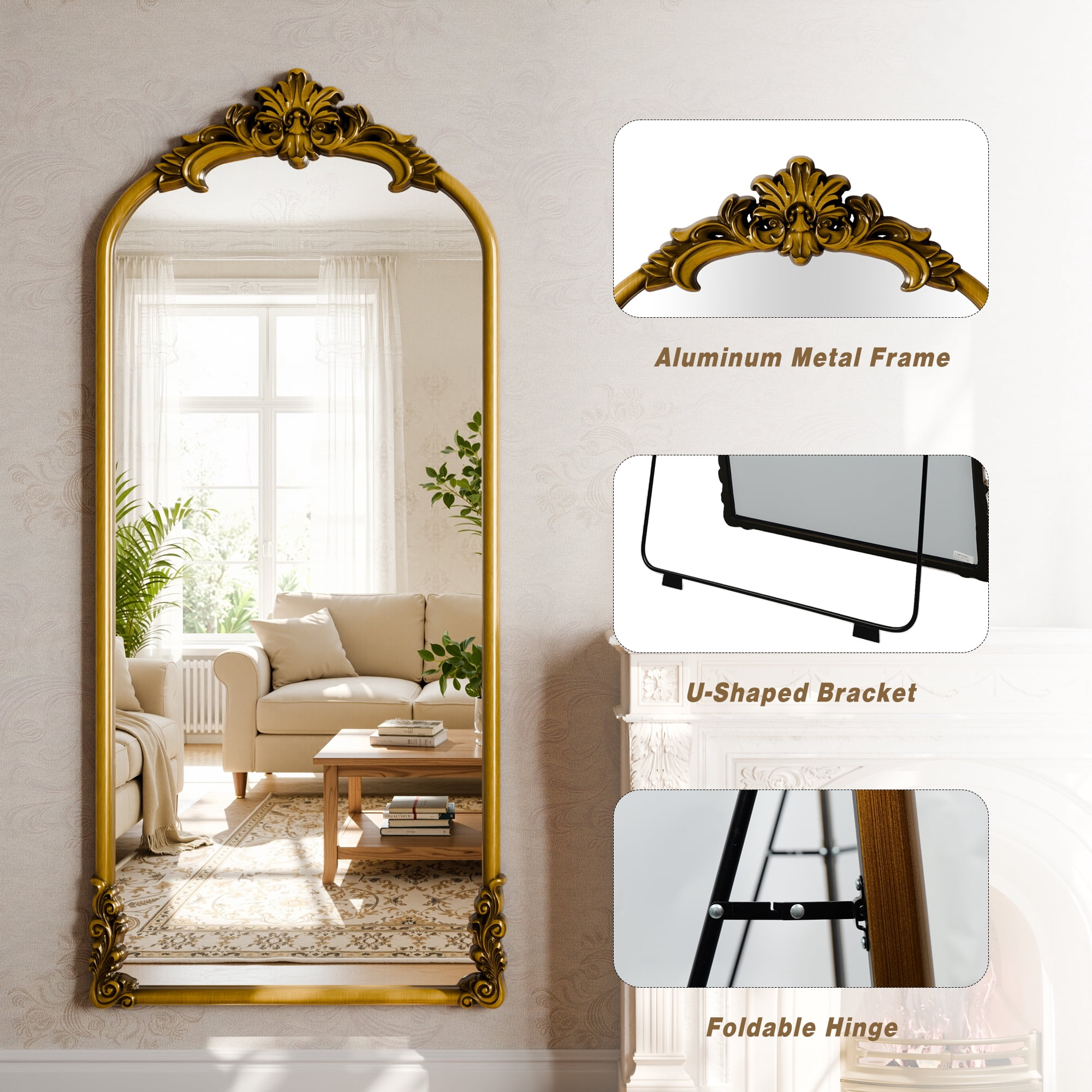 Easy4Home 69"x28" Arched Full-Length Floor Mirror Smooth Arch Top Floral Crest Standing Mirror, Bright Gold