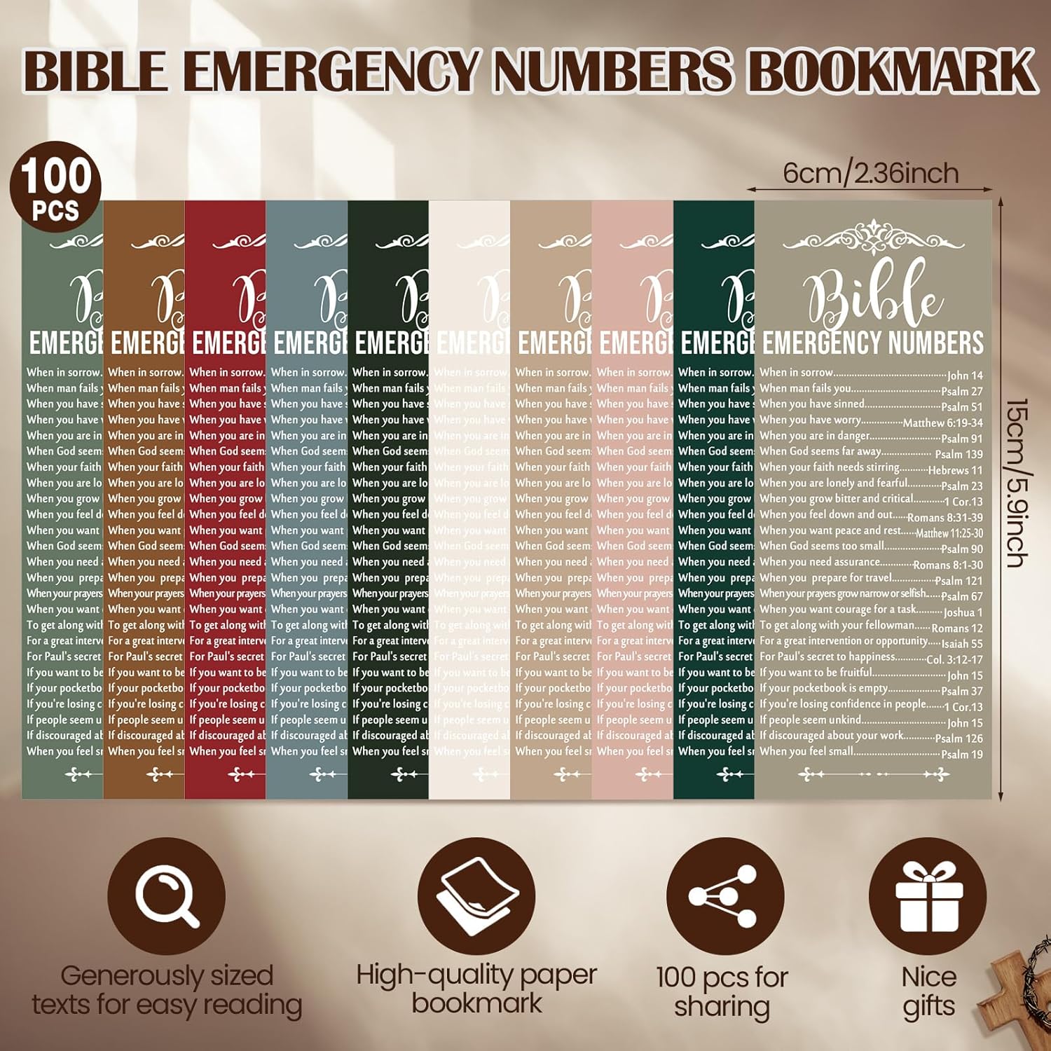 100 Pcs Christian Bible Verse Emergency Numbers Bookmark Christian Church Gift 2.36 x 6'' Religious Books of The Bible Bookmark for Women Men Catholic Retreat Sunday School(Multicolor)